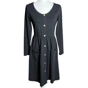 Black Jersey Knit Dress Fit Flare Midi Comfy Casual Cotton Pockets Basic Women S